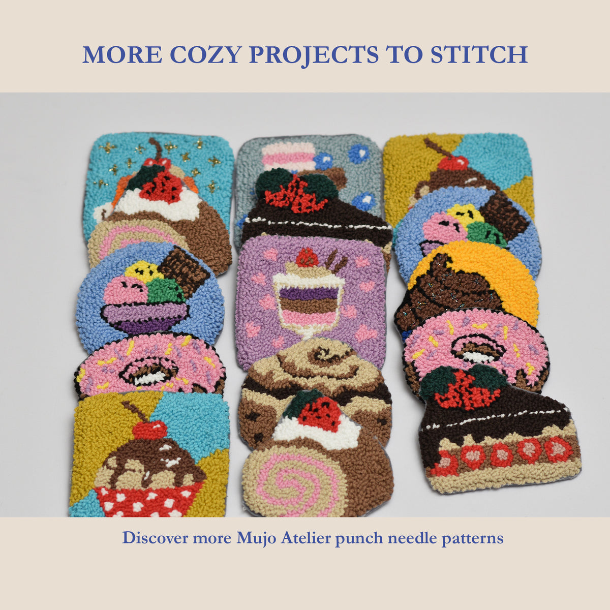 Collection of handmade Mujo Atelier punch needle coasters featuring cupcakes, cakes, donuts, ice cream and other colourful dessert designs, including the Cherry Top cupcake coaster.