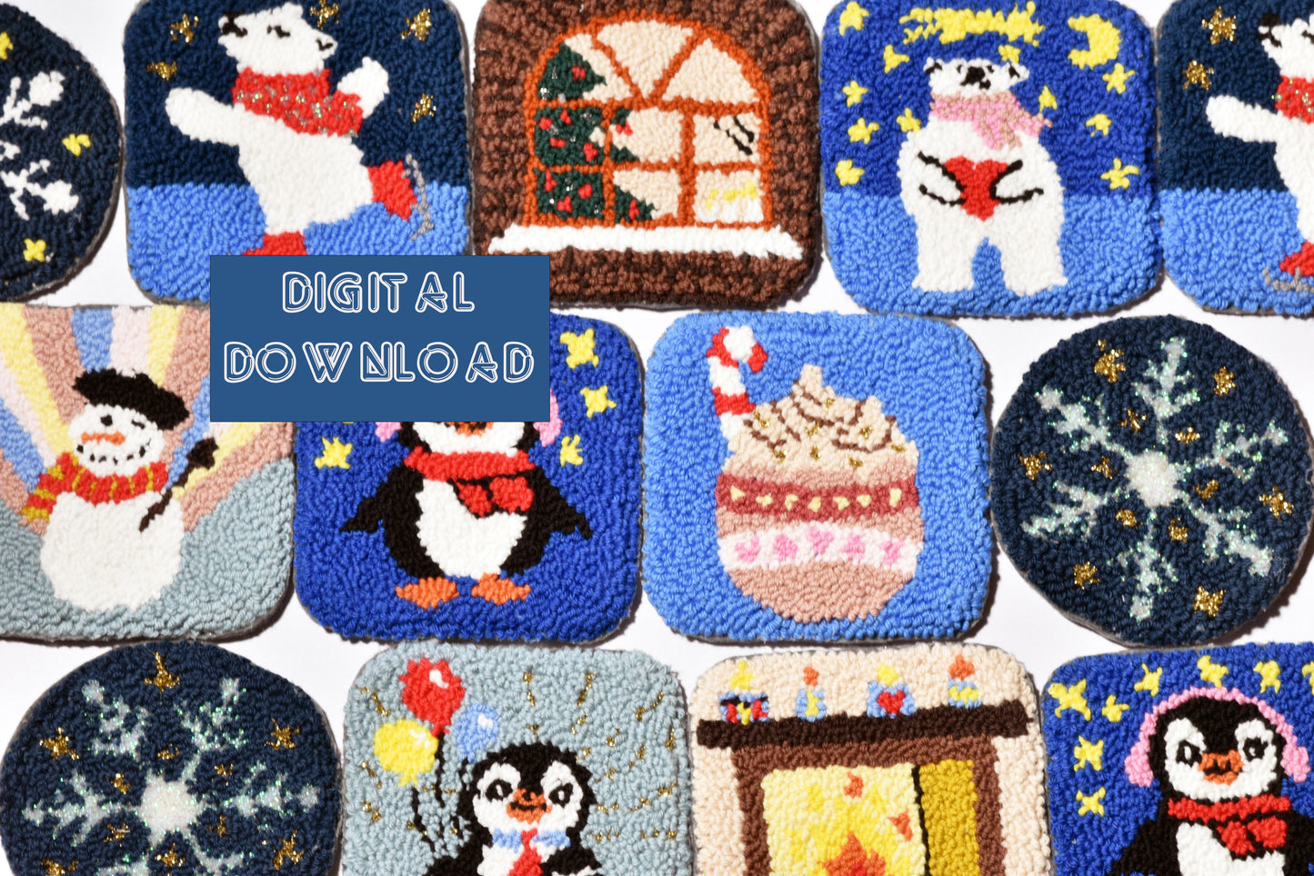A collection of punch needle coaster patterns with winter-themed designs, including penguins, polar bears, and holiday decorations.