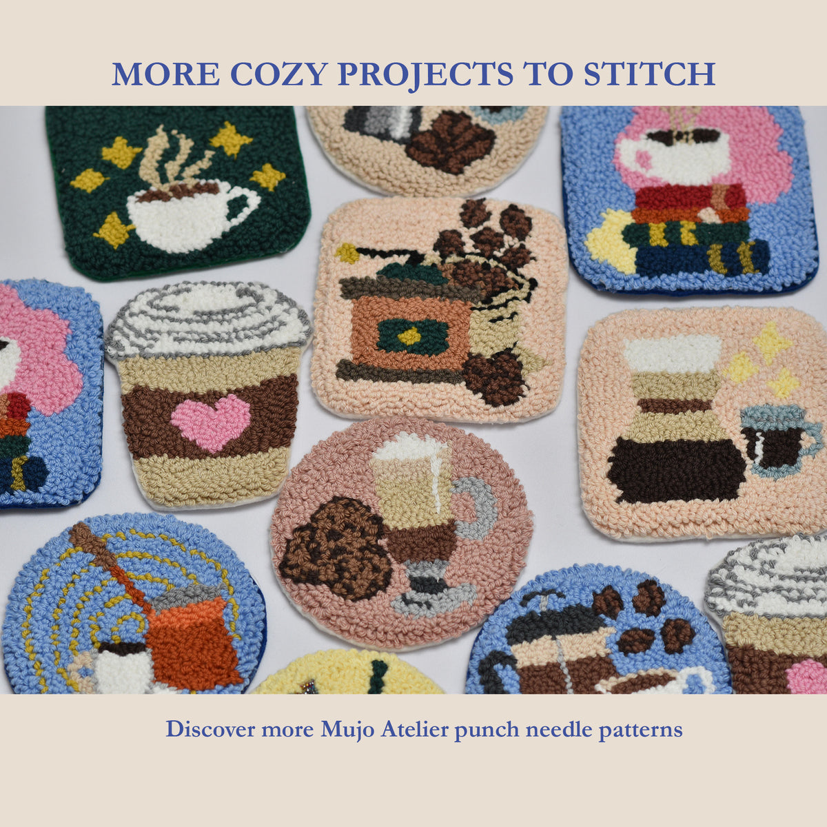 Collection of Mujo Atelier coffee-themed punch needle coaster designs, including First Light, coffee cups, mugs and coffee-making motifs, showcasing more digital patterns to stitch.