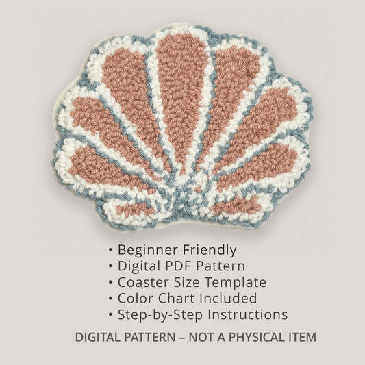 Handmade style punch needle seashell coaster pattern, beginner friendly digital PDF with color chart and template