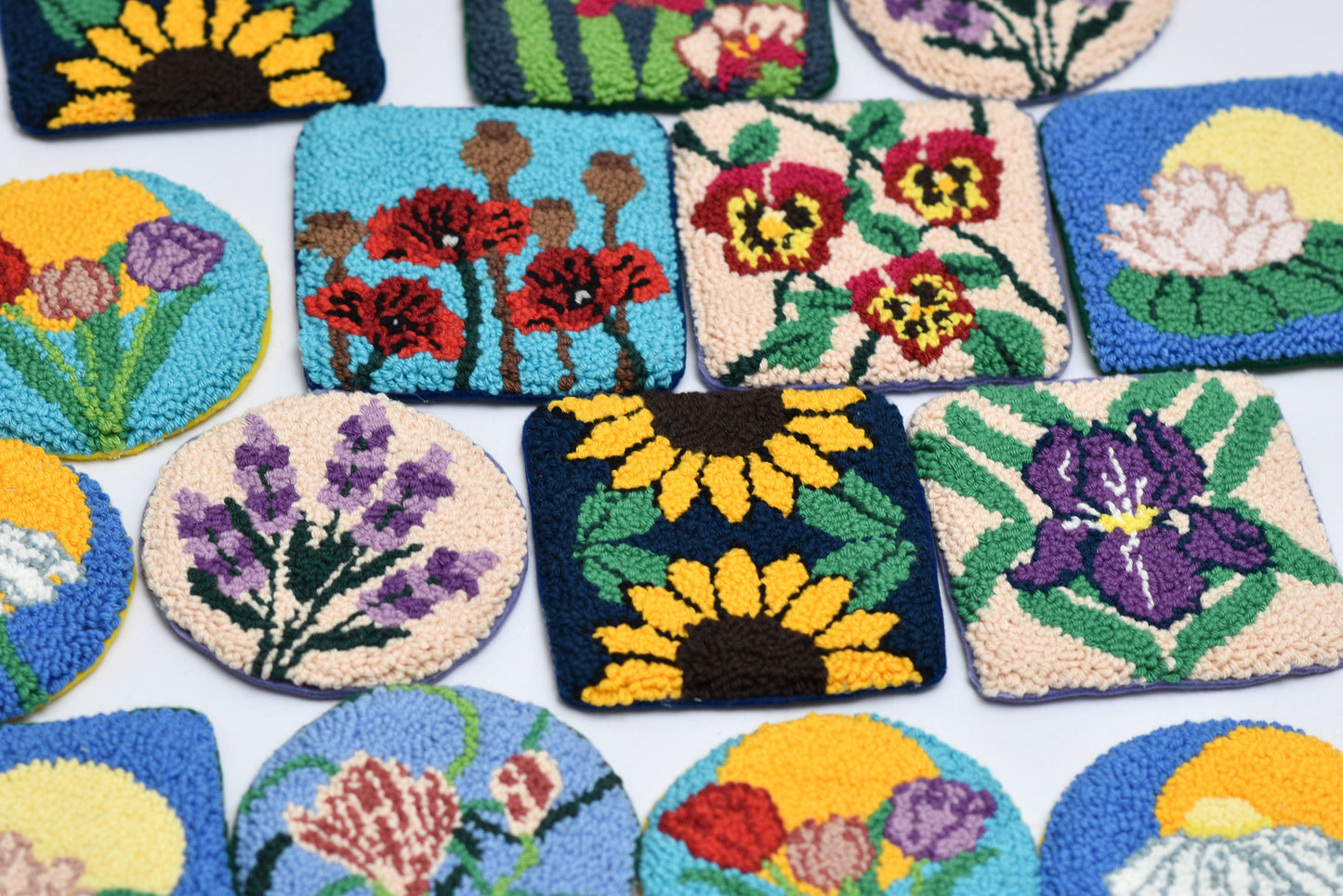 Spring Floral Punch Needle Coaster Pattern Bundle – 10 Botanical DIY Embroidery Designs – Digital Download with Printable Templates