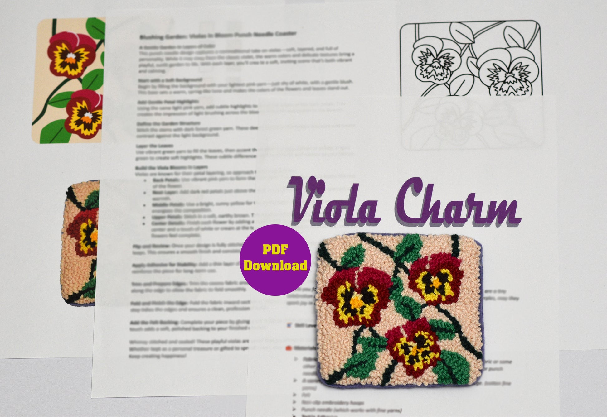Floral patterned coaster with 'Viola Charm' text and PDF download option on a white background