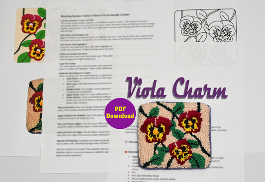 Floral patterned coaster with 'Viola Charm' text and PDF download option on a white background