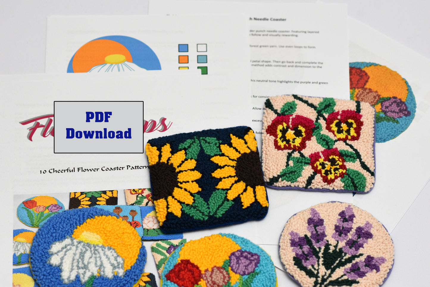 Spring Floral Punch Needle Coaster Pattern Bundle – 10 Botanical DIY Embroidery Designs – Digital Download with Printable Templates