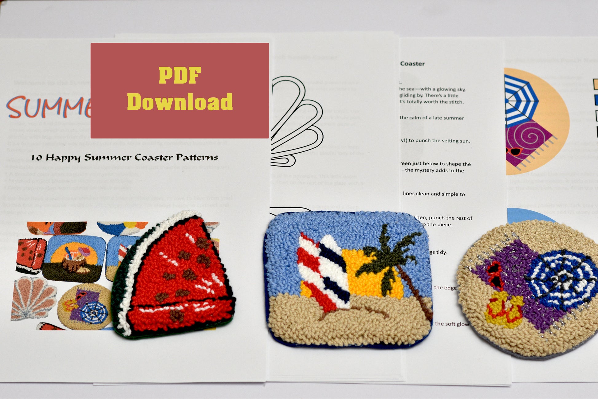 Digital punch needle pattern bundle featuring 10 colorful summer-themed coaster designs in printable PDF format