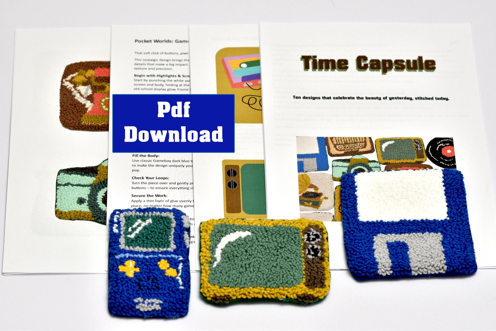 Set of retro-themed punch needle coasters with a 'Pdf Download' sign and 'Time Capsule' text on a white background.