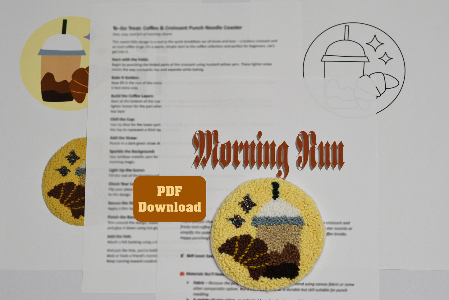 Punch needle coaster pattern with coffee-themed design  and 'Morning Run' text and  on a white background