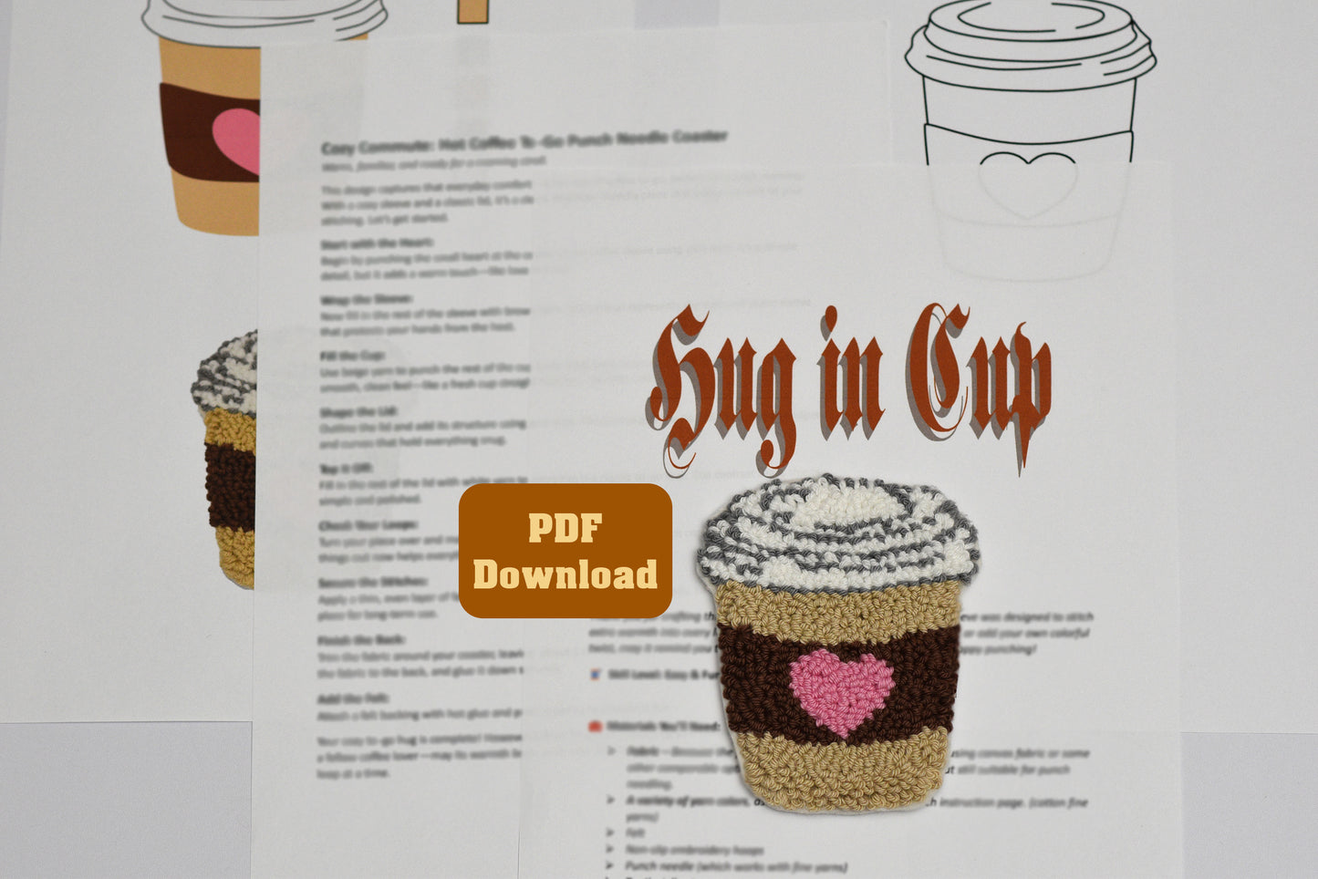 Punch needled coffee cup coaster titled 'Hug in Cup' with PDF download link