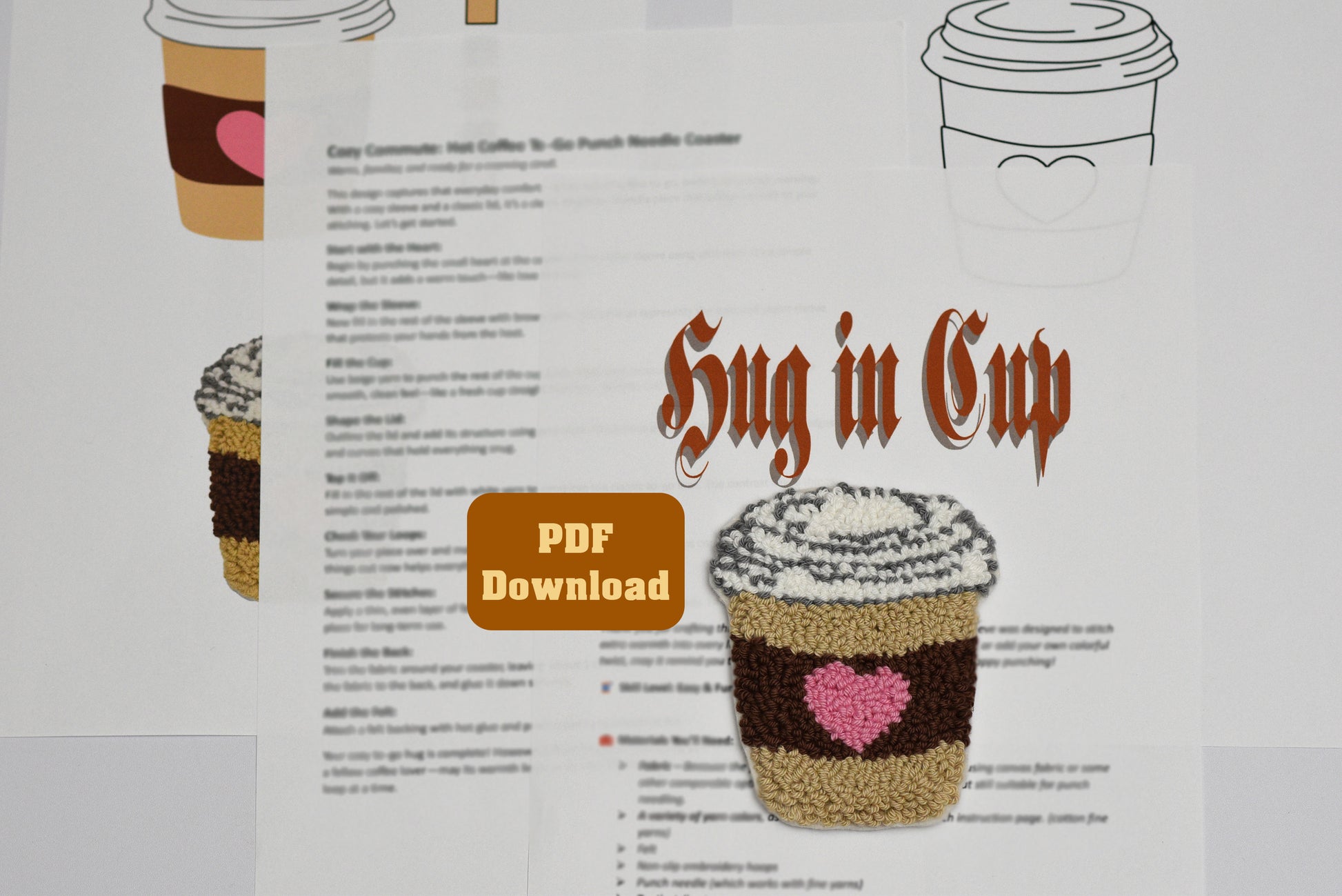 Punch needled coffee cup coaster titled 'Hug in Cup' with PDF download link