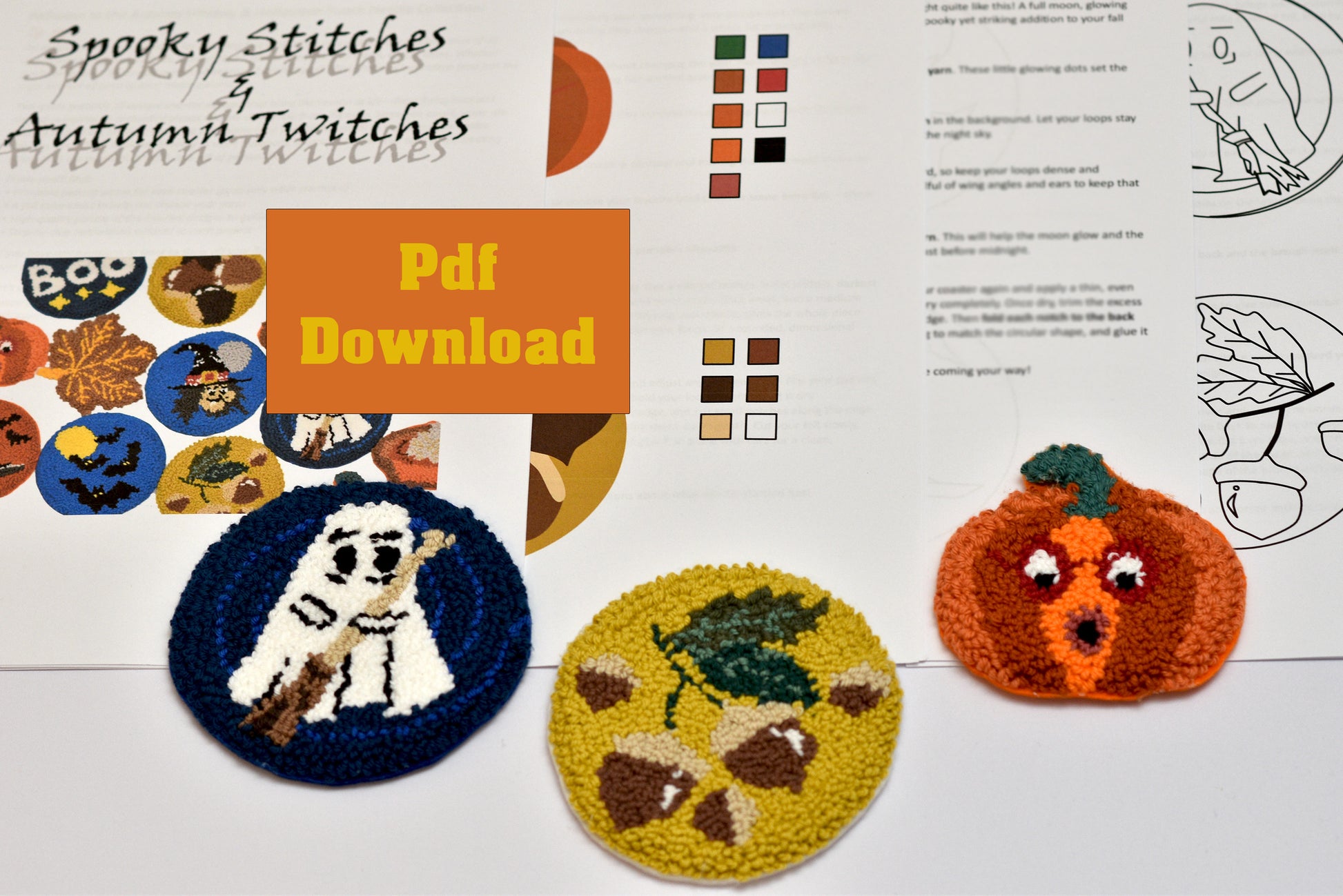 Halloween-themed mug rug punch needle patterns with a 'Pdf Download' button on a white background.