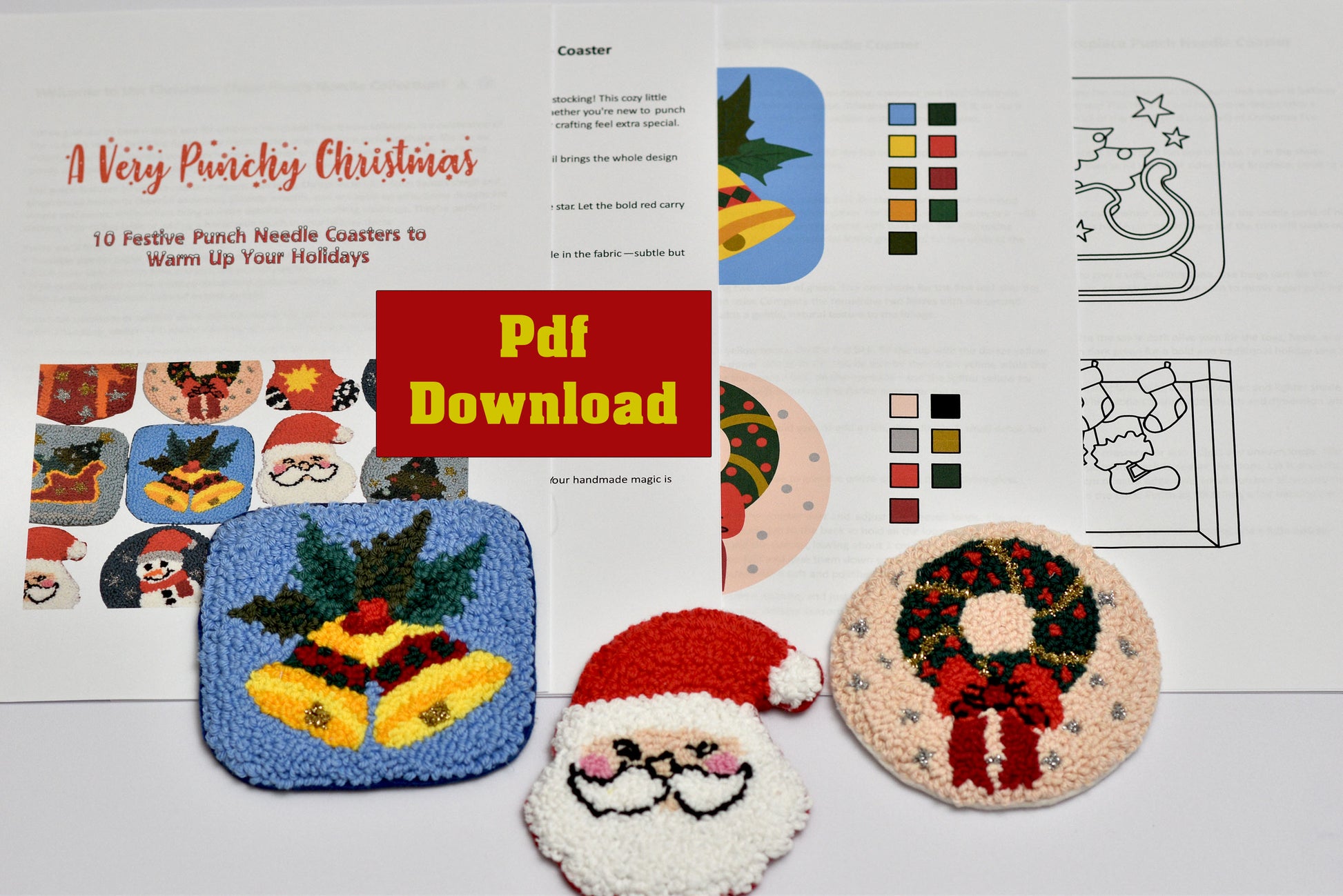 Punch needle coasters with Christmas designs and a PDF download label on a white background.