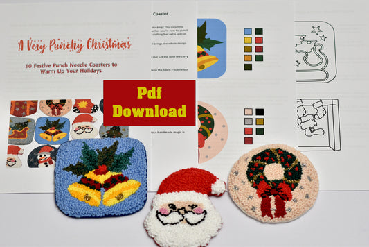 Punch needle coasters with Christmas designs and a PDF download label on a white background.