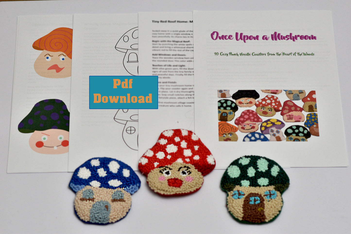Colorful mushroom-shaped punch needle coaster patterns with a 'Pdf Download' label on a white background.