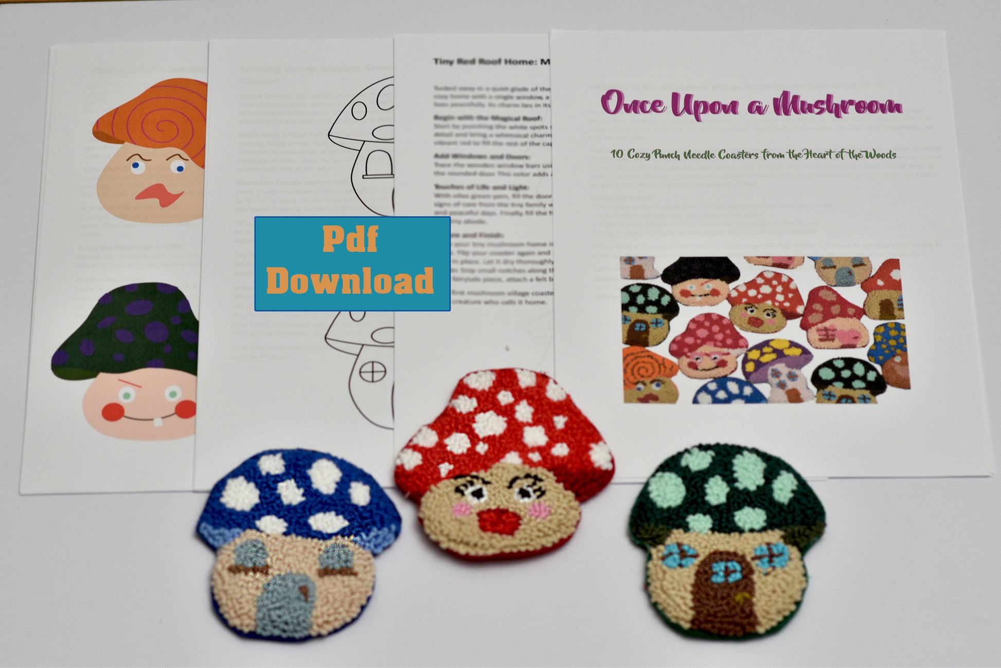 Colorful mushroom-shaped punch needle coaster patterns with a 'Pdf Download' label on a white background.