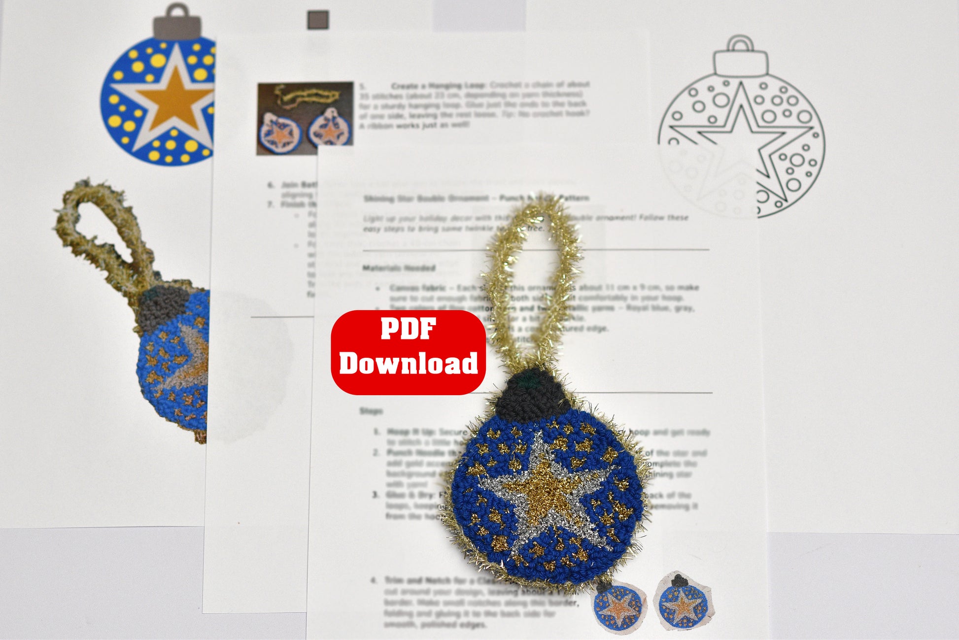 Decorative punch needle christmas ornament with star design on a document with PDF download button