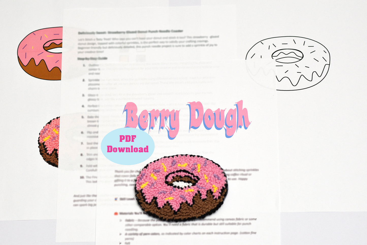 Punch needle coaster Berry Dough PDF download with doughnut illustrations on a white background