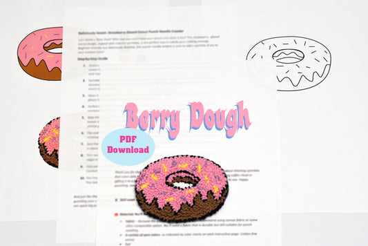 Punch needle coaster Berry Dough PDF download with doughnut illustrations on a white background