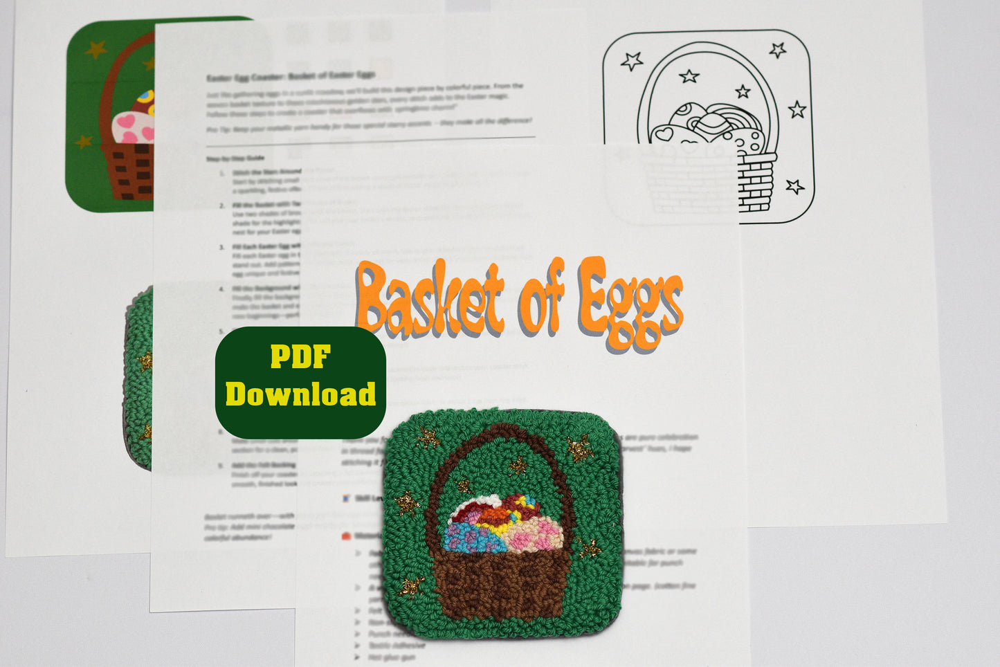 Easter-themed coaster designs, including a basket of eggs and 'PDF Download' text.