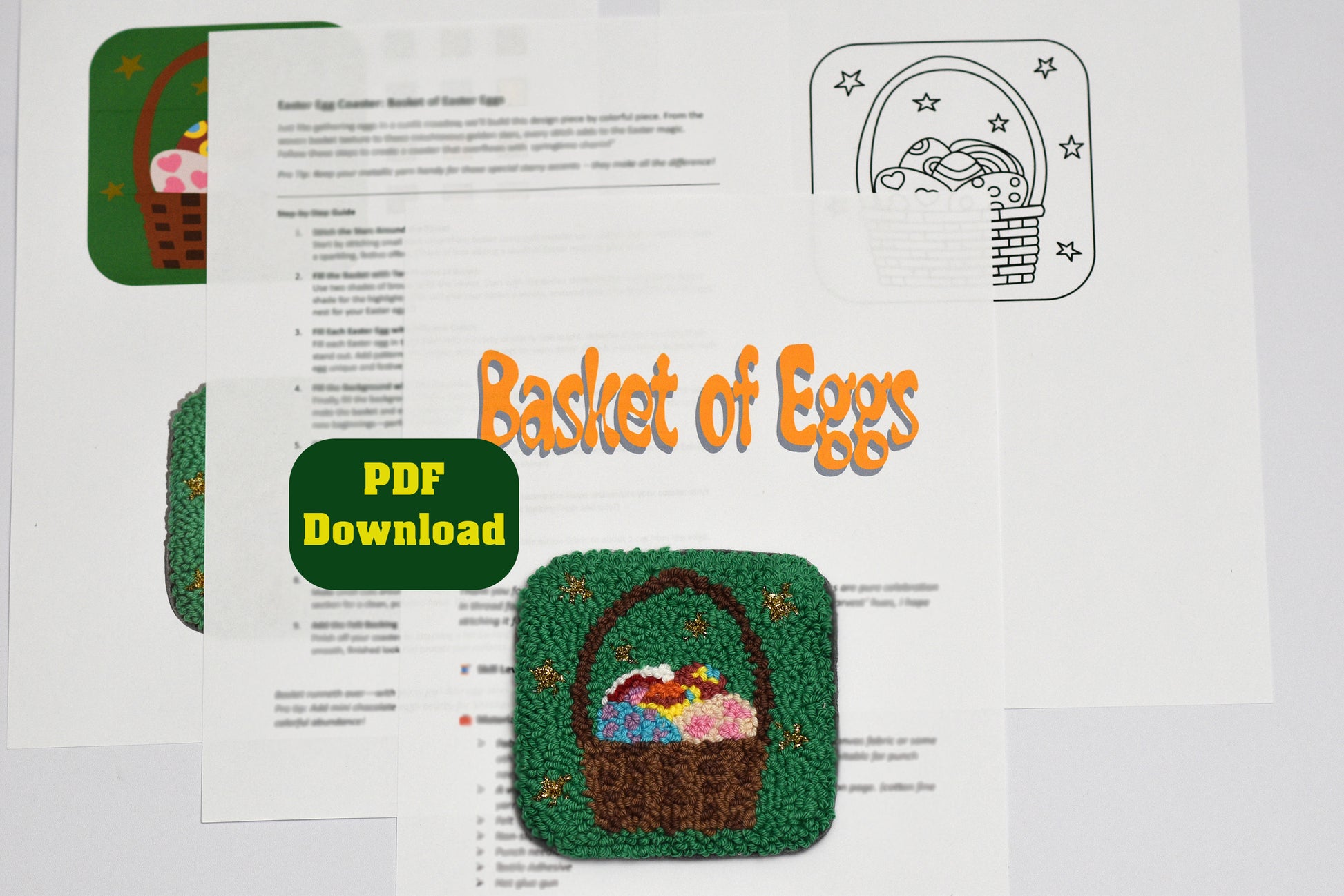 Easter-themed coaster designs, including a basket of eggs and 'PDF Download' text.
