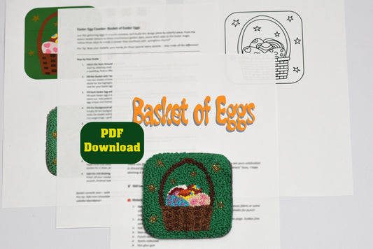Easter-themed coaster designs, including a basket of eggs and 'PDF Download' text.