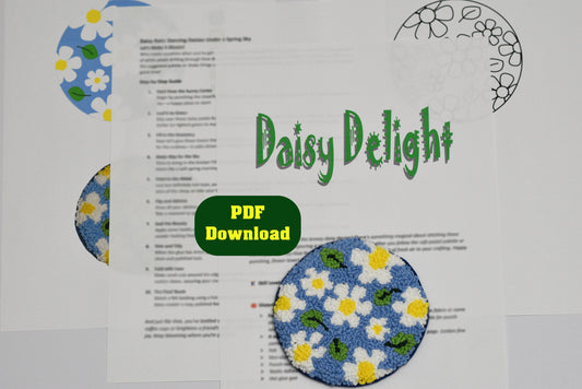Embroidery Floral Coaster design with 'Daisy Delight' text and a PDF download button, featuring images of daisies.