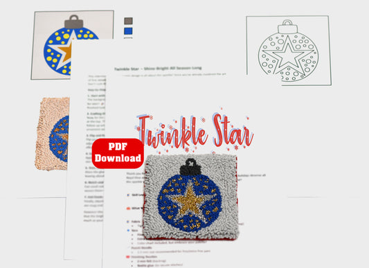 PDF download link for 'Twinkle Star' design with star-themed punch needled coaster on a white background.