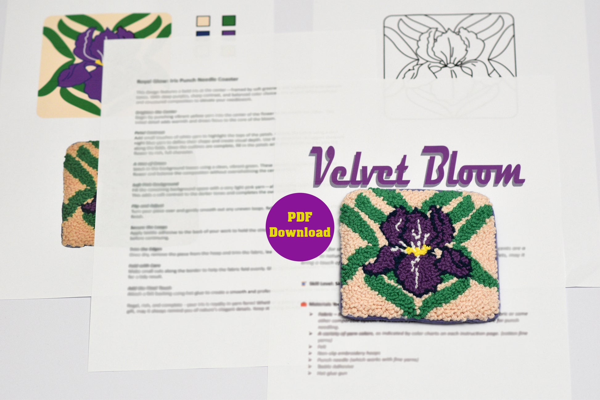 Design sheet for a woven coaster with purple iris flowers titled 'Velvet Bloom' on a white background.