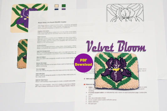 Design sheet for a woven coaster with purple iris flowers titled 'Velvet Bloom' on a white background.