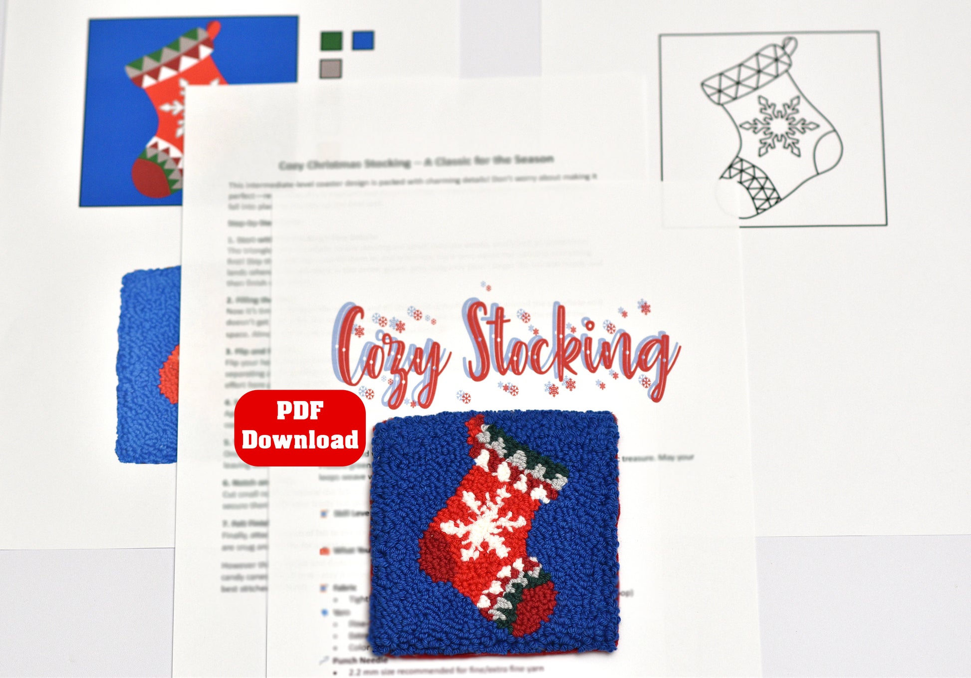 PDF download for 'Cozy Christmas Stocking' coaster with a blue and red stocking design on a white background.