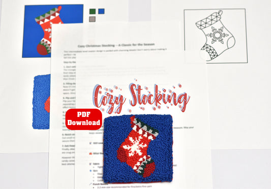 PDF download for 'Cozy Christmas Stocking' coaster with a blue and red stocking design on a white background.
