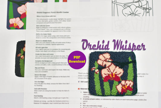 Punch needle mug rug design with 'Orchid Whisper' text and a PDF download button on a white background.