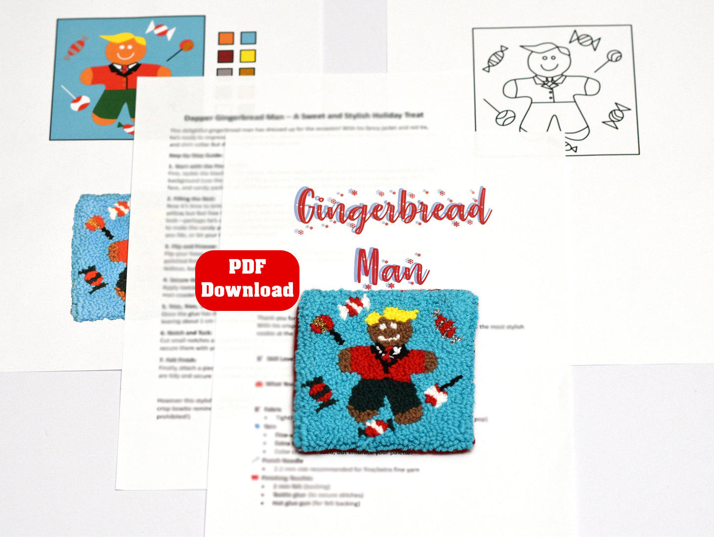 Gingerbread Man punch needle coaster craft kit with PDF download on a white background