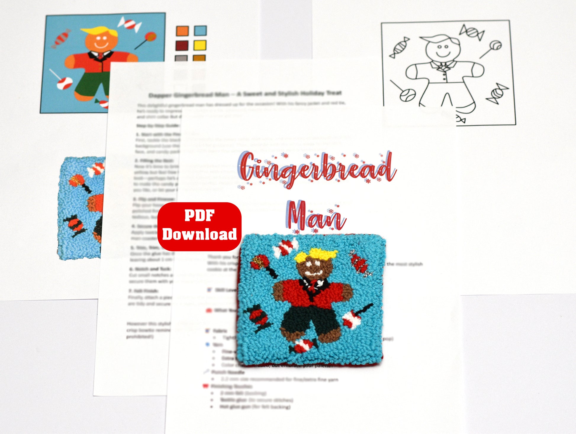 Gingerbread Man punch needle coaster craft kit with PDF download on a white background