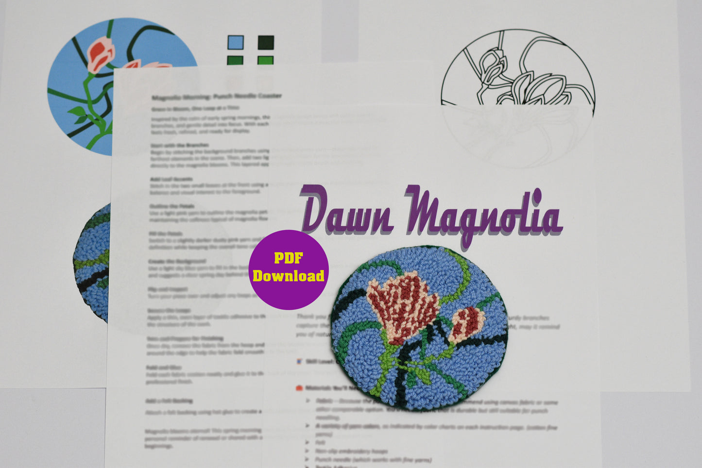 Punch needled coaster pattern with magnolia design, featuring the brand 'Dawn Magnolia'.