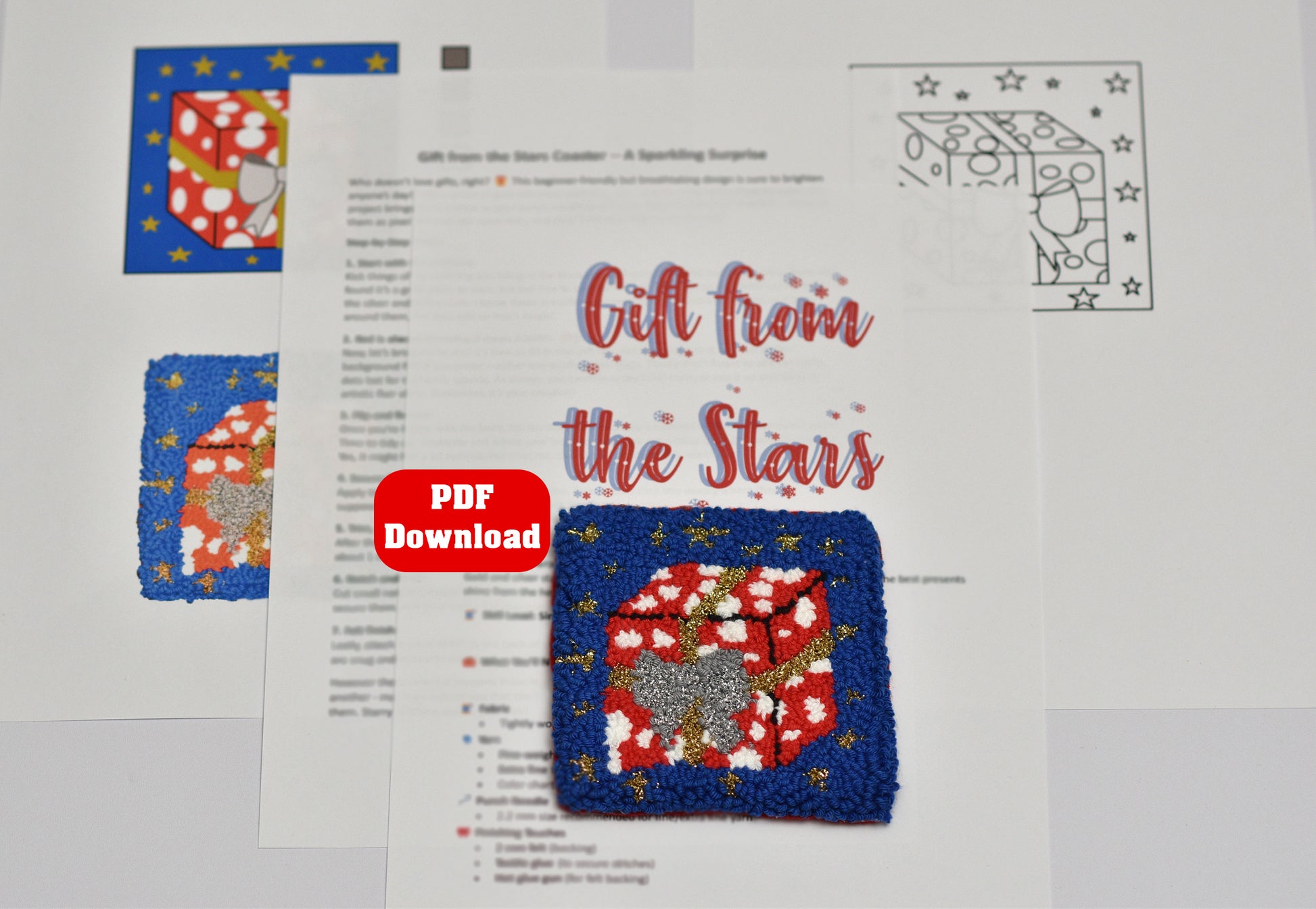 Embroidery coaster pattern with 'Gift from the Stars' text and colorful design on a white background