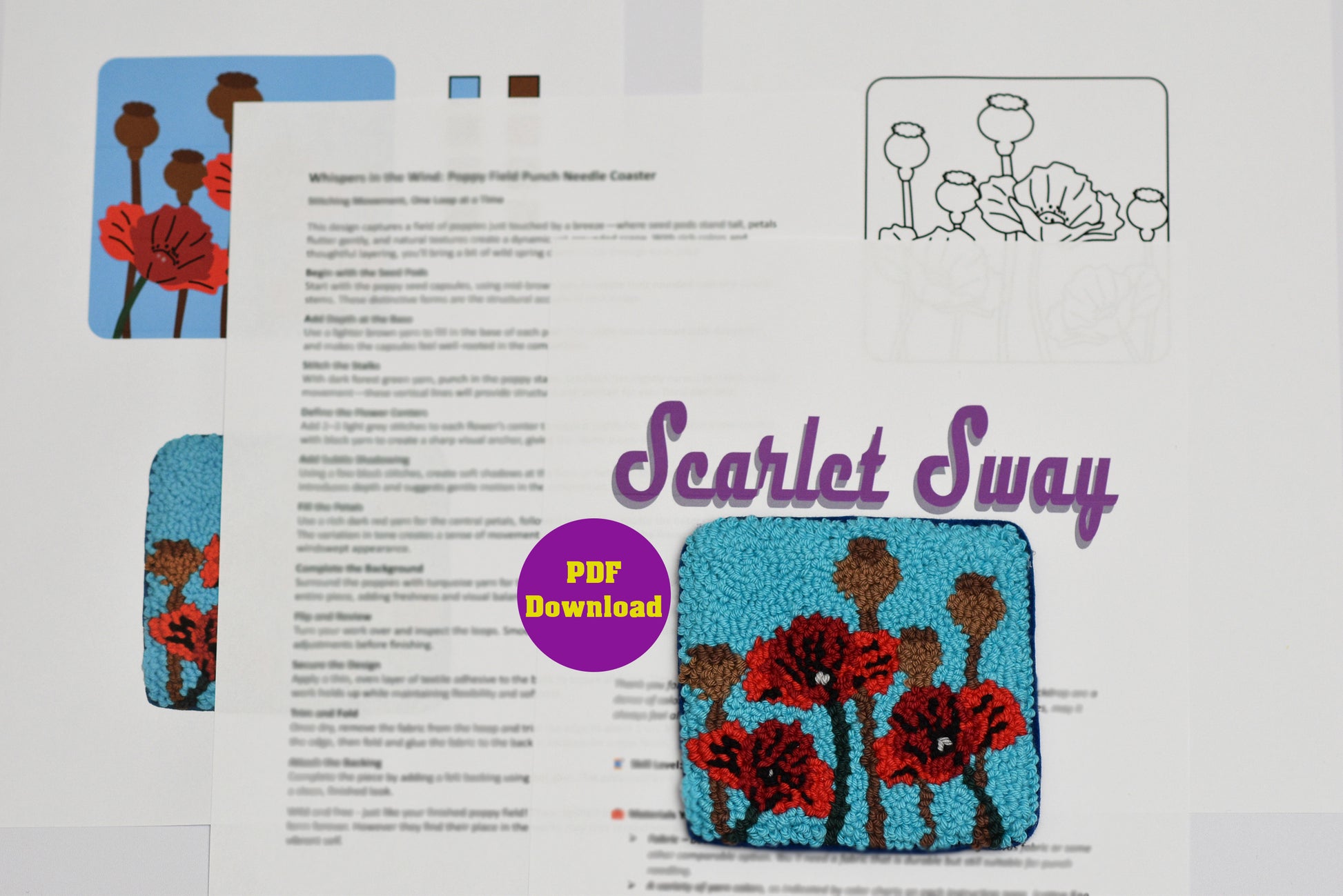Punch needle coaster pattern with 'Scarlet Sway' design and PDF download option on a white background.