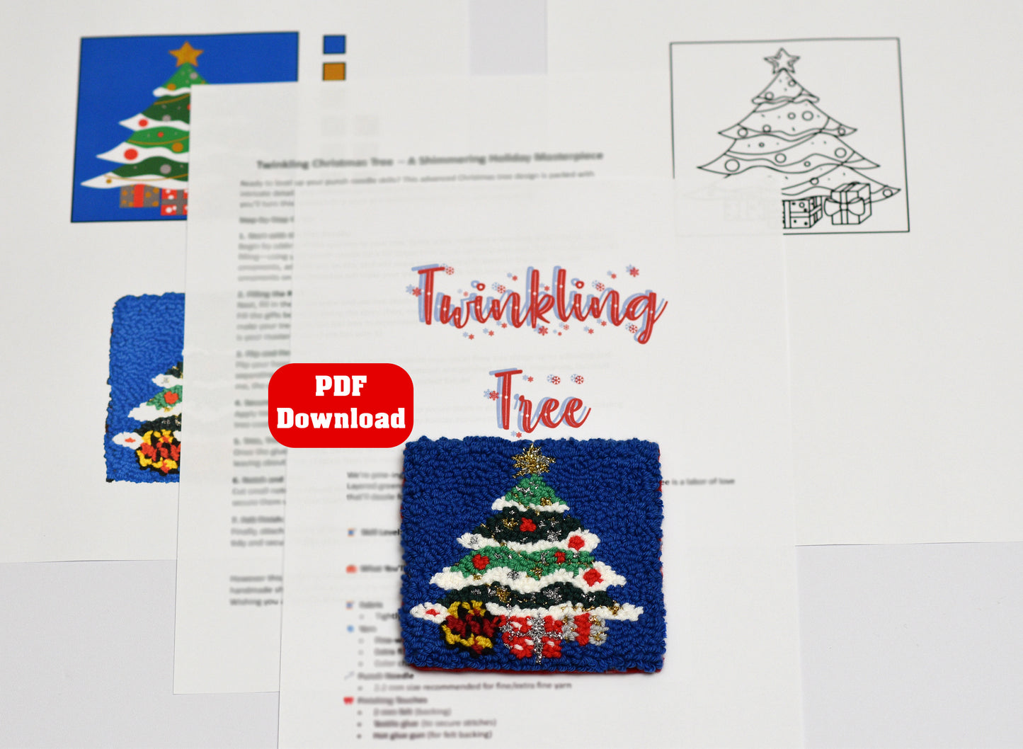 Punch needle mug rug design with Christmas tree and presents on a PDF download sheet.
