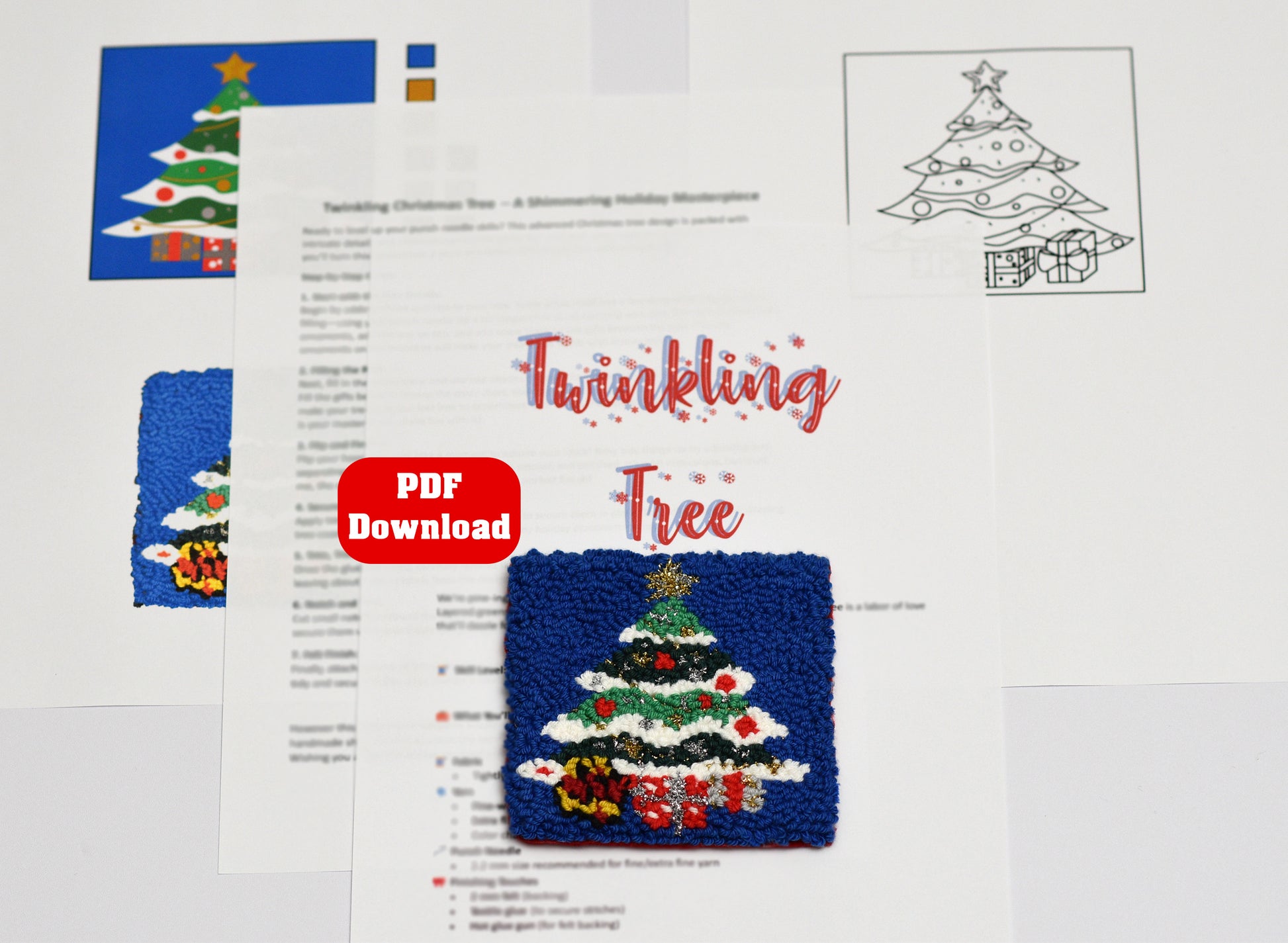 Punch needle mug rug design with Christmas tree and presents on a PDF download sheet.