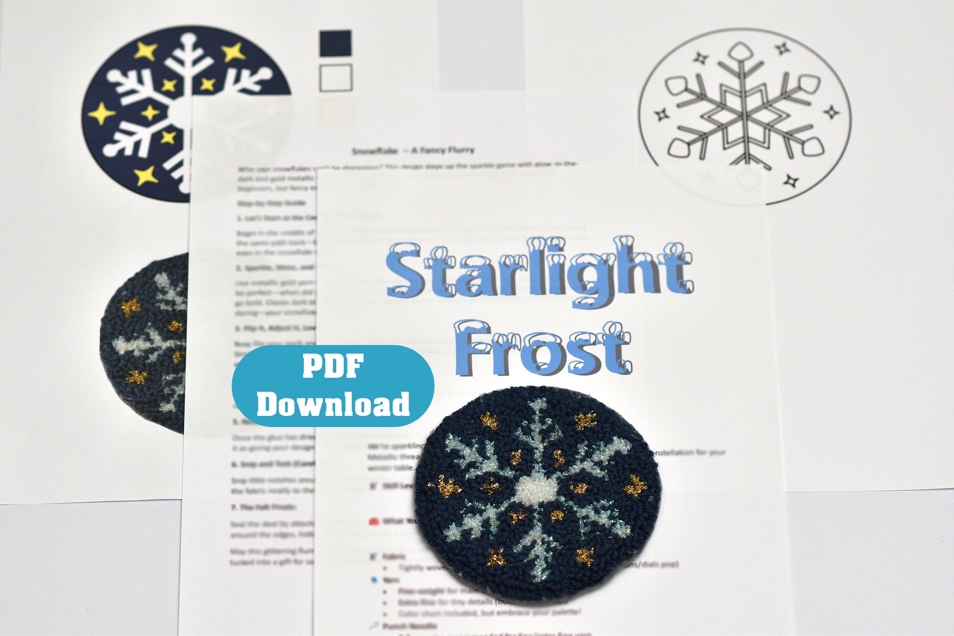 Punch needle coaster pattern leaflet for 'Starlight Frost' with snowflake designs and PDF download button.