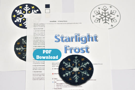 Punch needle coaster pattern leaflet for 'Starlight Frost' with snowflake designs and PDF download button.