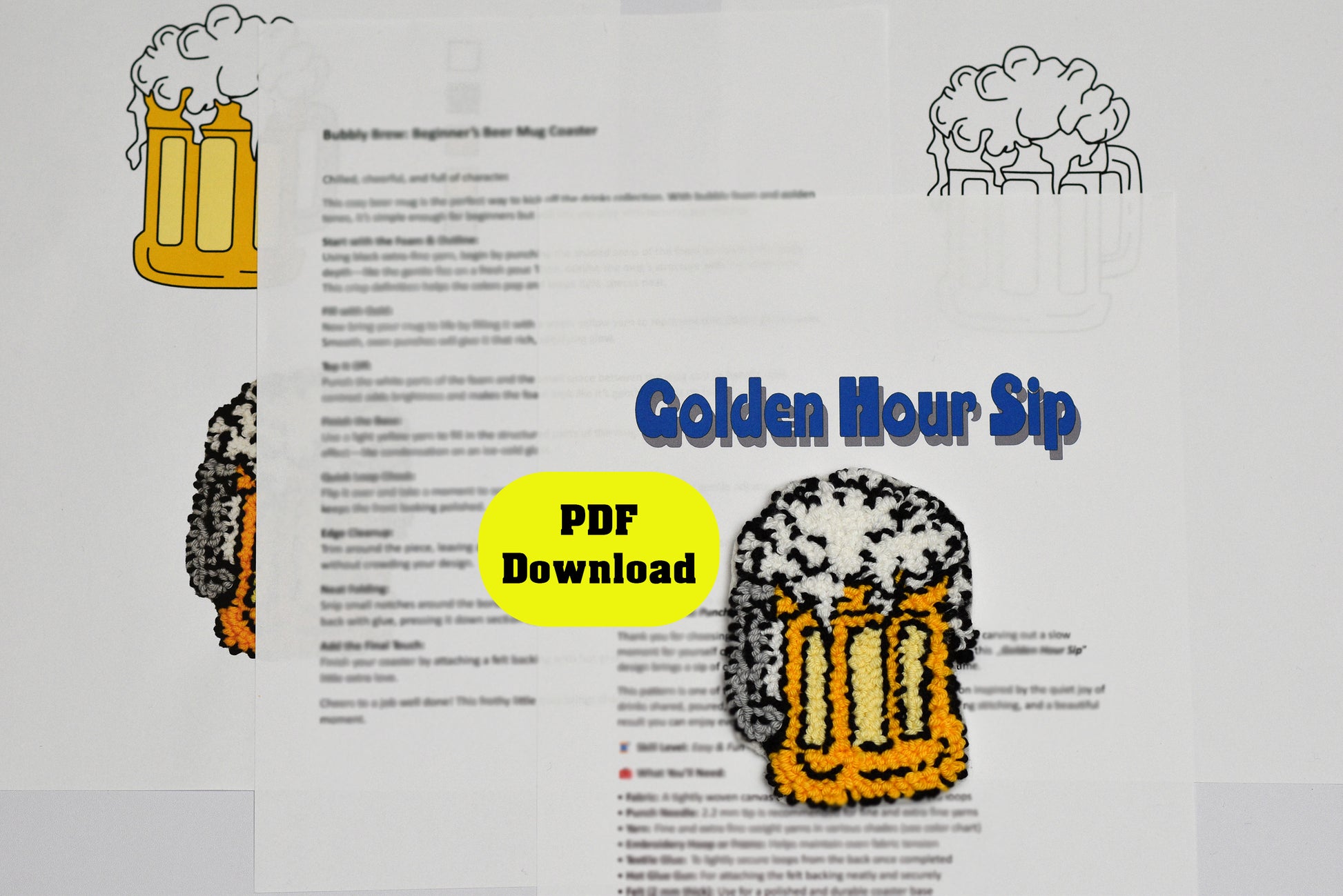 Document with beer mug illustrations and 'Golden Hour Sip' text on a white background