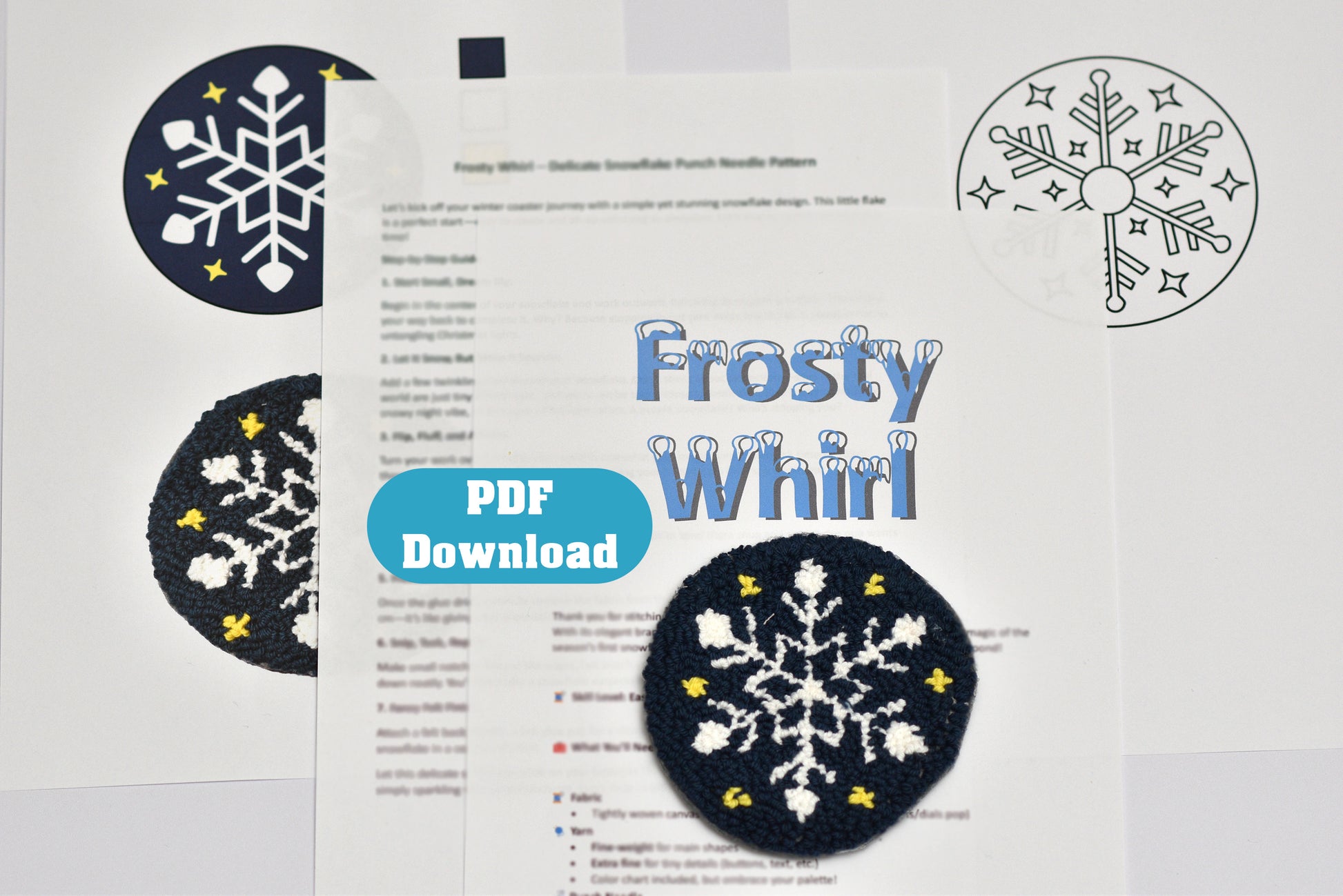 Punch needle coaster pattern leaflet for 'Frosty Whirl' with snowflake designs and PDF download button.