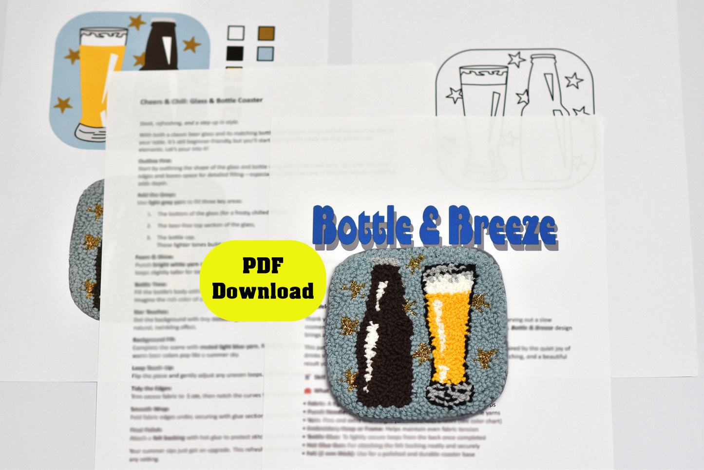 Punch needled coaster for 'Bottle & Breeze' with beer bottle and glass illustrations.