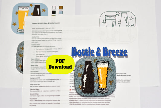 Punch needled coaster for 'Bottle & Breeze' with beer bottle and glass illustrations.