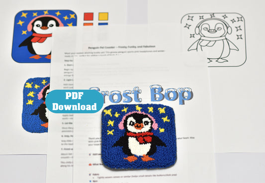 Penguin-themed punch needle coaster with instructions and a PDF download label on a white background.
