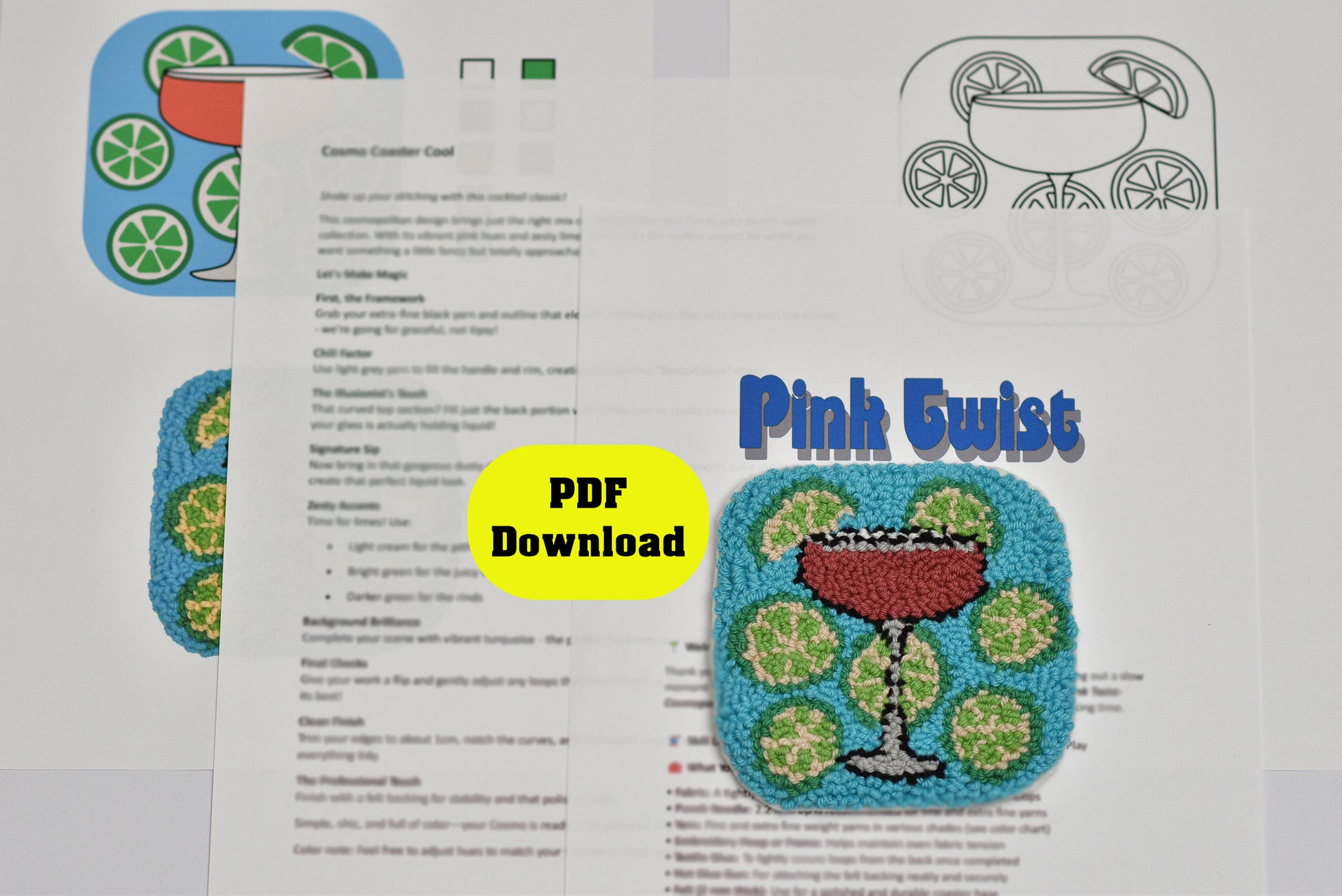 Embroidery coaster with cosmopolitan 'Pink Twist' design and PDF download option.