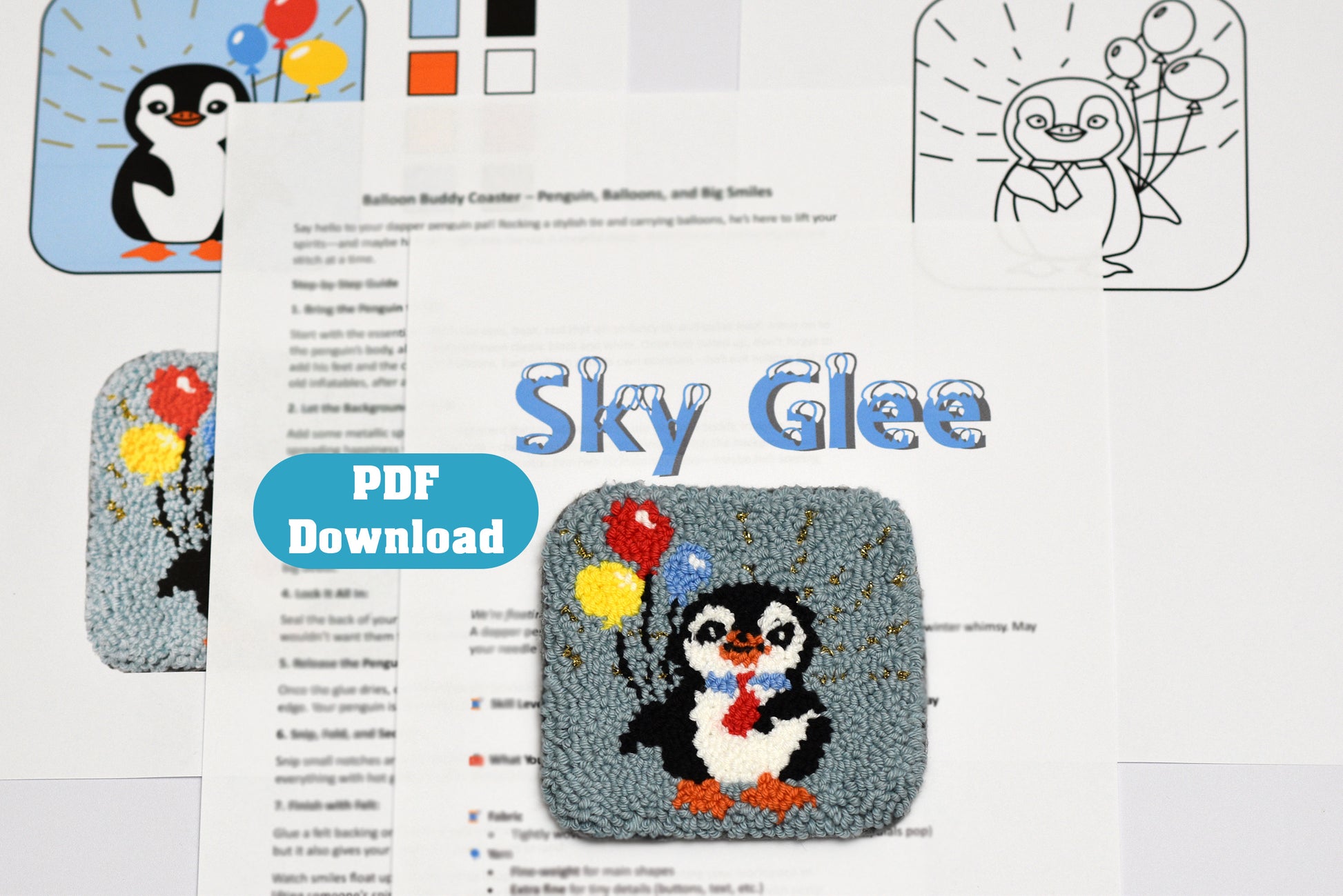 Embroidered coaster pattern with penguin design and 'Sky Glee' branding on a white background