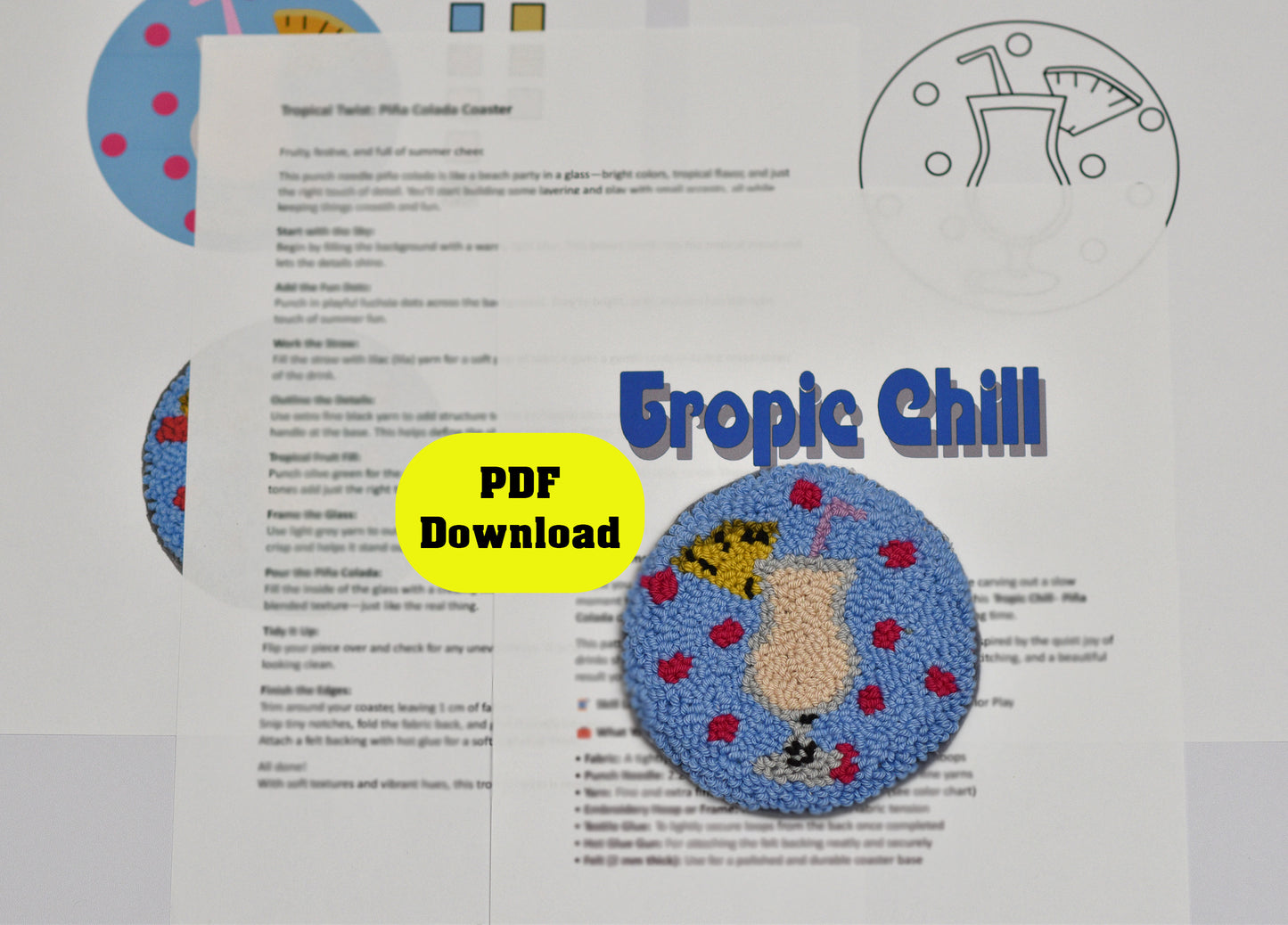 Punch needle coaster PDF document with 'Tropic Chill' branding and a circular design featuring cocktail on a gray background.