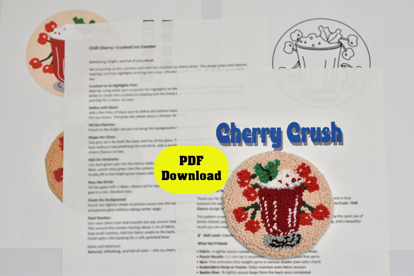 PDF document with cherry drink-themed punch needle coaster and 'Cherry Crush' text on a white background