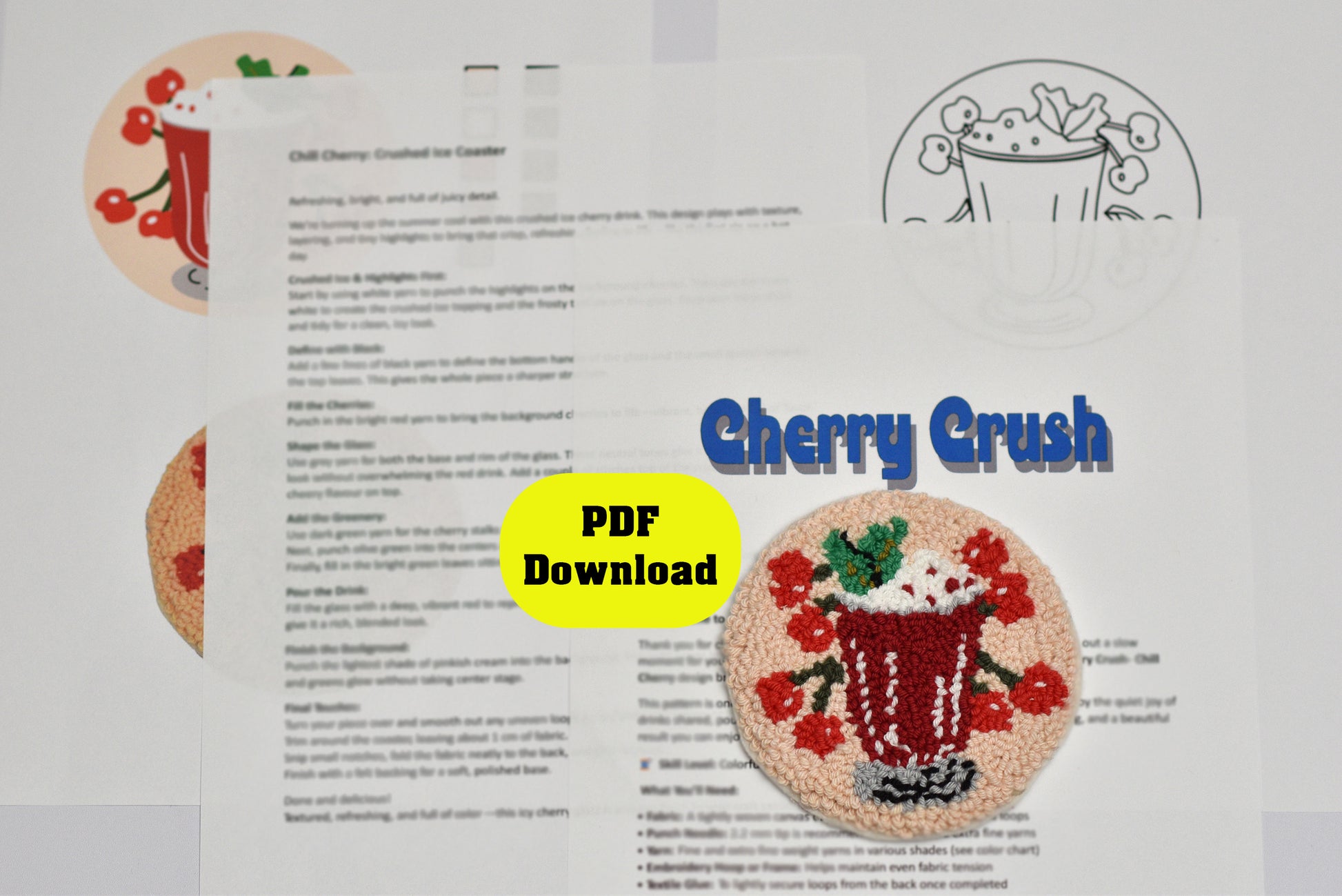 PDF document with cherry drink-themed punch needle coaster and 'Cherry Crush' text on a white background